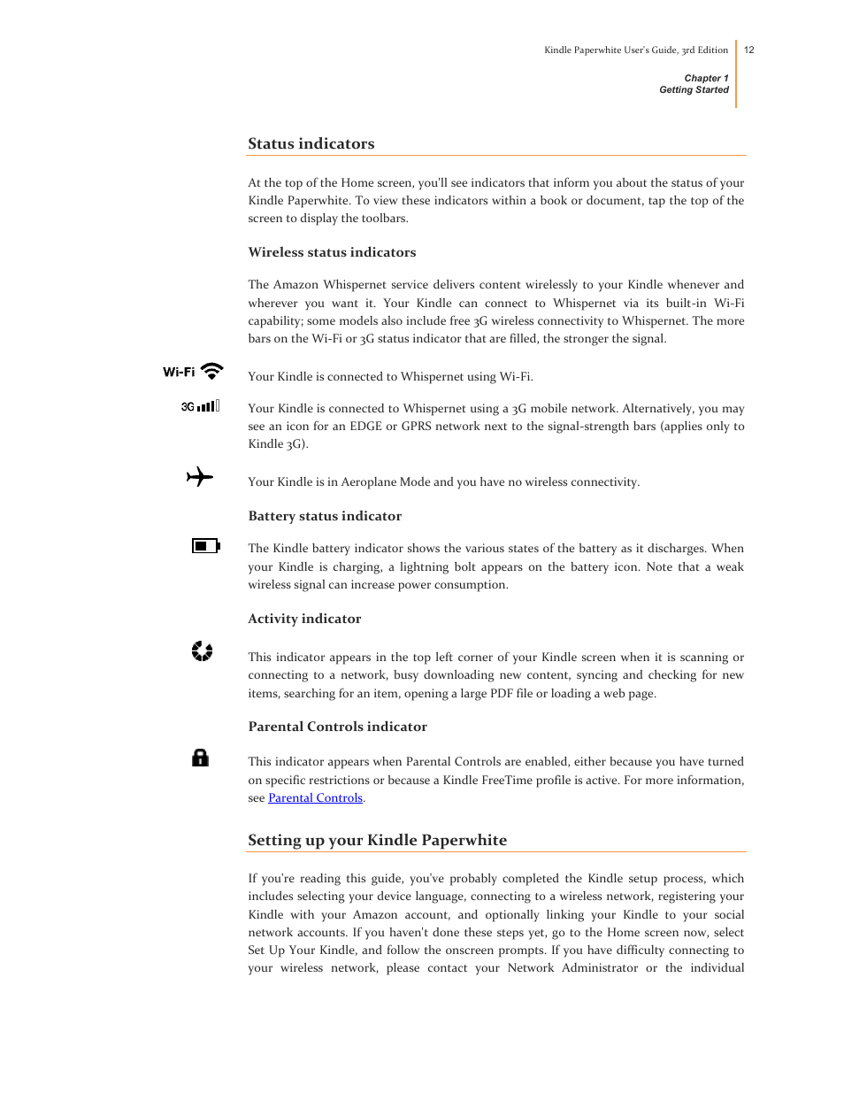 Status indicators, Wireless status indicators, Battery status indicator | Activity indicator, Parental controls indicator, Setting up your kindle paperwhite, Setting up your, Kindle paperwhite | Kindle Paperwhite (2nd Generation) User Manual | Page 12 / 47