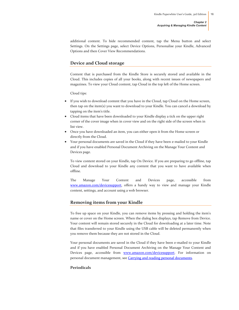 Device and cloud storage, Removing items from your kindle, Periodicals | Kindle Paperwhite (2nd Generation) User Manual | Page 16 / 47