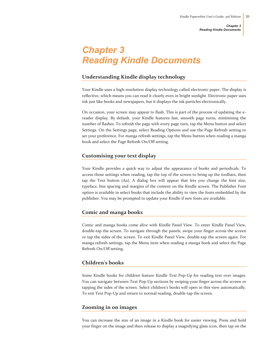 Chapter 3 reading kindle documents, Understanding kindle display technology, Customising your text display | Comic and manga books, Children's books, Zooming in on images | Kindle Paperwhite (2nd Generation) User Manual | Page 20 / 47