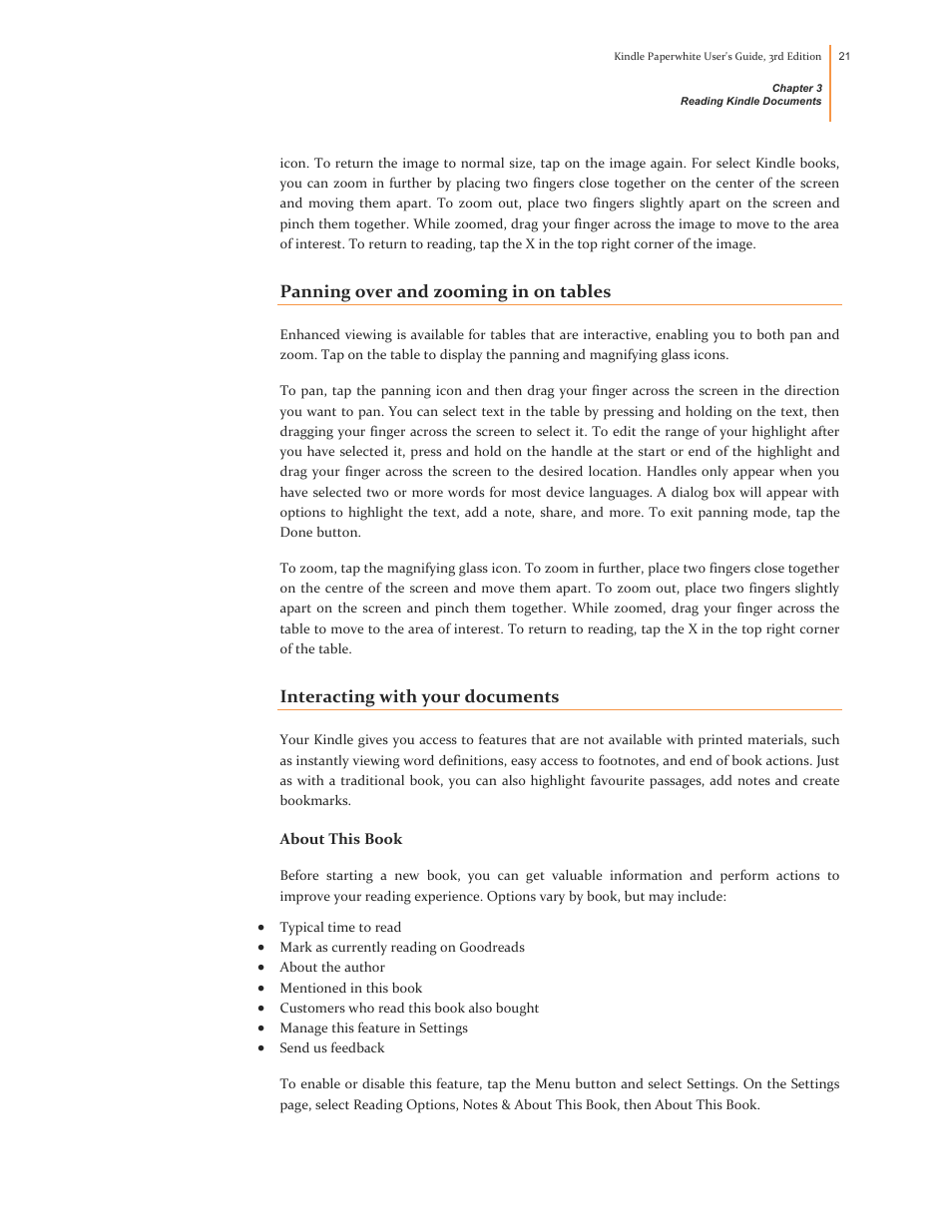 Panning over and zooming in on tables, Interacting with your documents, About this book | Kindle Paperwhite (2nd Generation) User Manual | Page 21 / 47