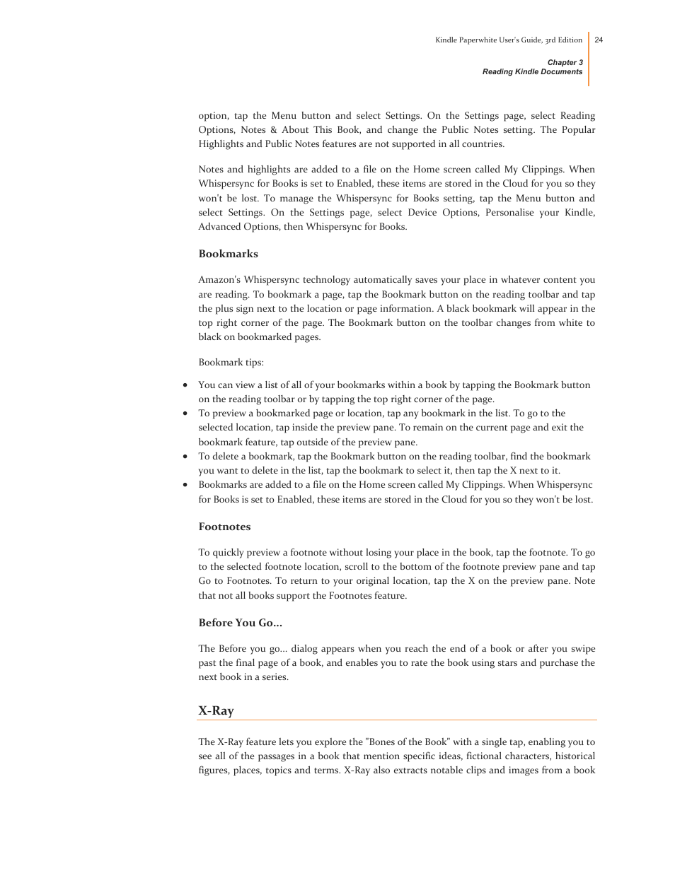 Bookmarks, Footnotes, Before you go | X-ray | Kindle Paperwhite (2nd Generation) User Manual | Page 24 / 47