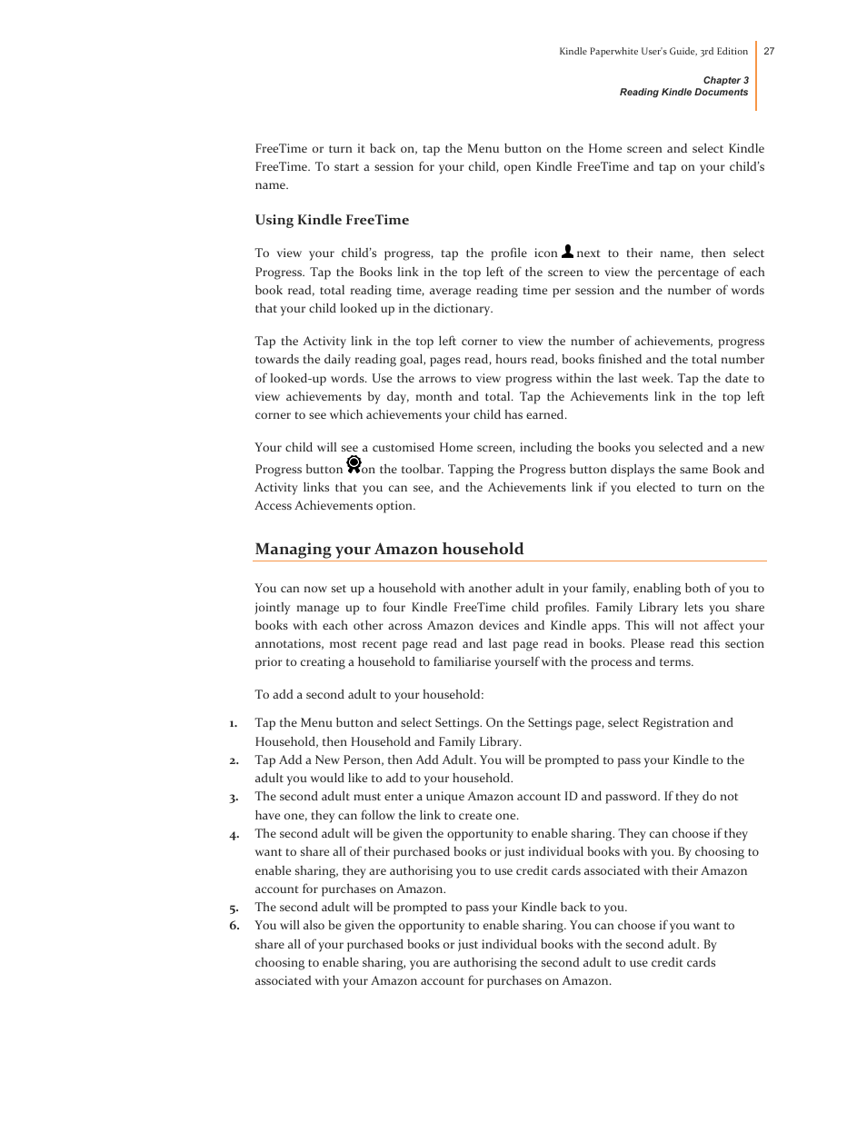 Using kindle freetime, Managing your amazon household | Kindle Paperwhite (2nd Generation) User Manual | Page 27 / 47