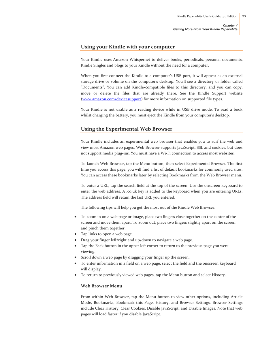 Using your kindle with your computer, Using the experimental web browser, Web browser menu | Kindle Paperwhite (2nd Generation) User Manual | Page 33 / 47