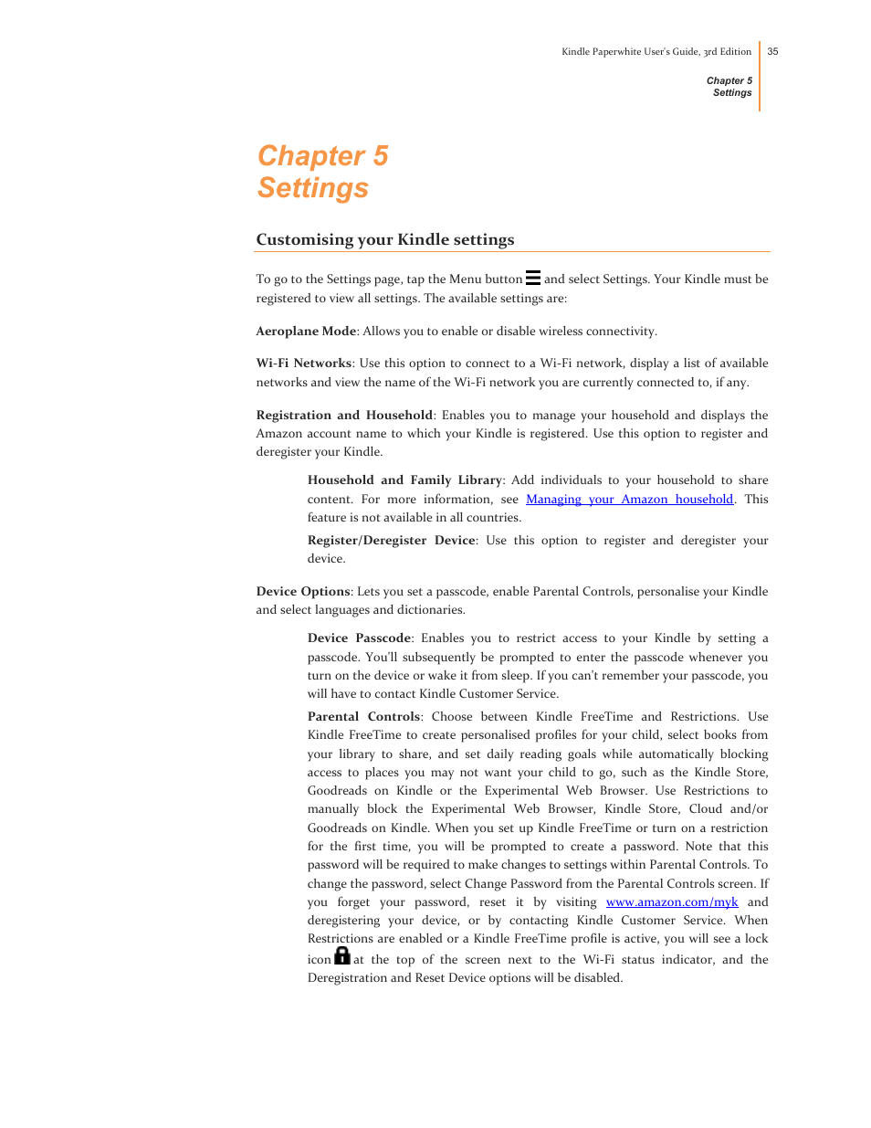 Chapter 5 settings, Customising your kindle settings | Kindle Paperwhite (2nd Generation) User Manual | Page 35 / 47