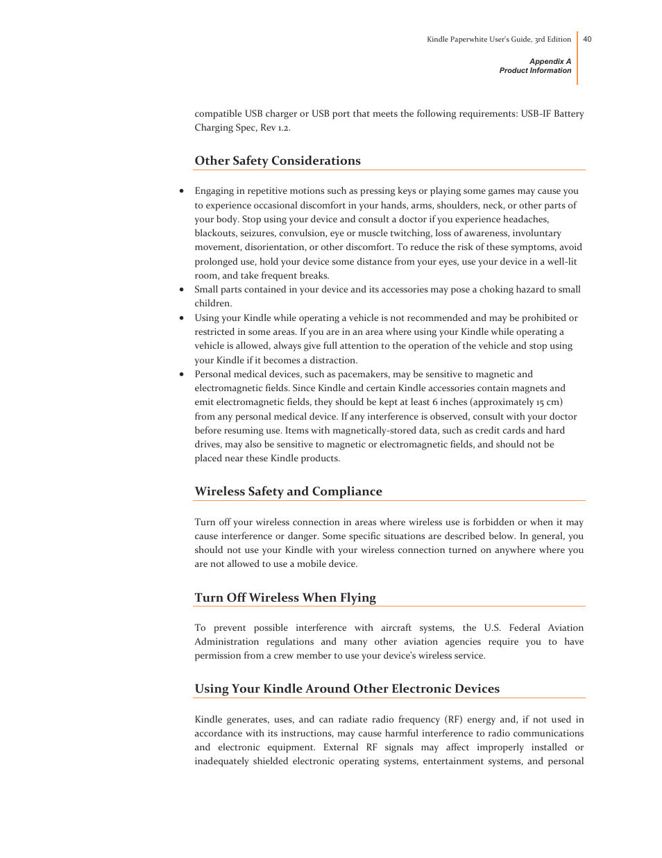 Other safety considerations, Wireless safety and compliance, Turn off wireless when flying | Using your kindle around other electronic devices | Kindle Paperwhite (2nd Generation) User Manual | Page 40 / 47