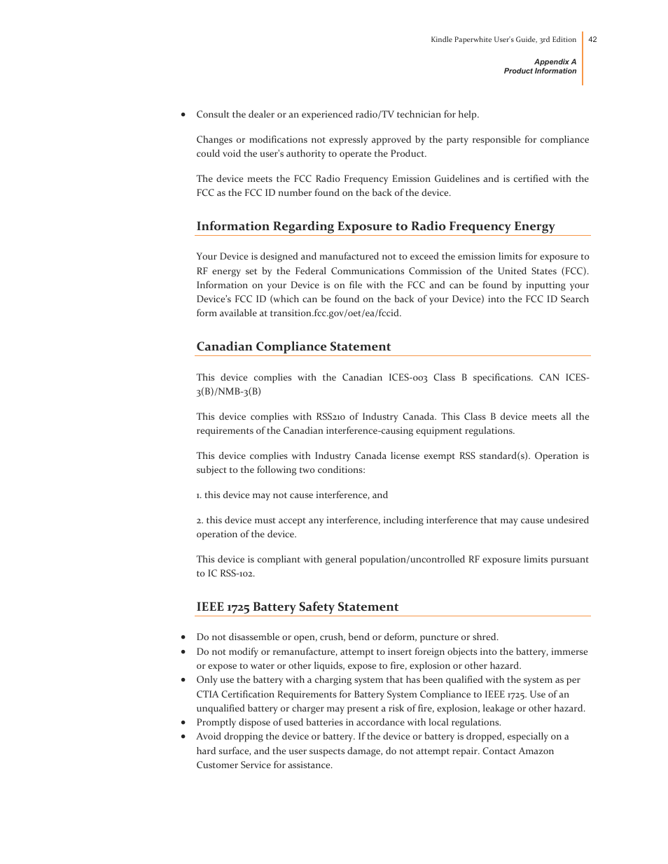 Canadian compliance statement, Ieee 1725 battery safety statement | Kindle Paperwhite (2nd Generation) User Manual | Page 42 / 47