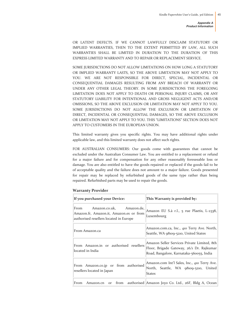 Warranty provider | Kindle Paperwhite (2nd Generation) User Manual | Page 45 / 47