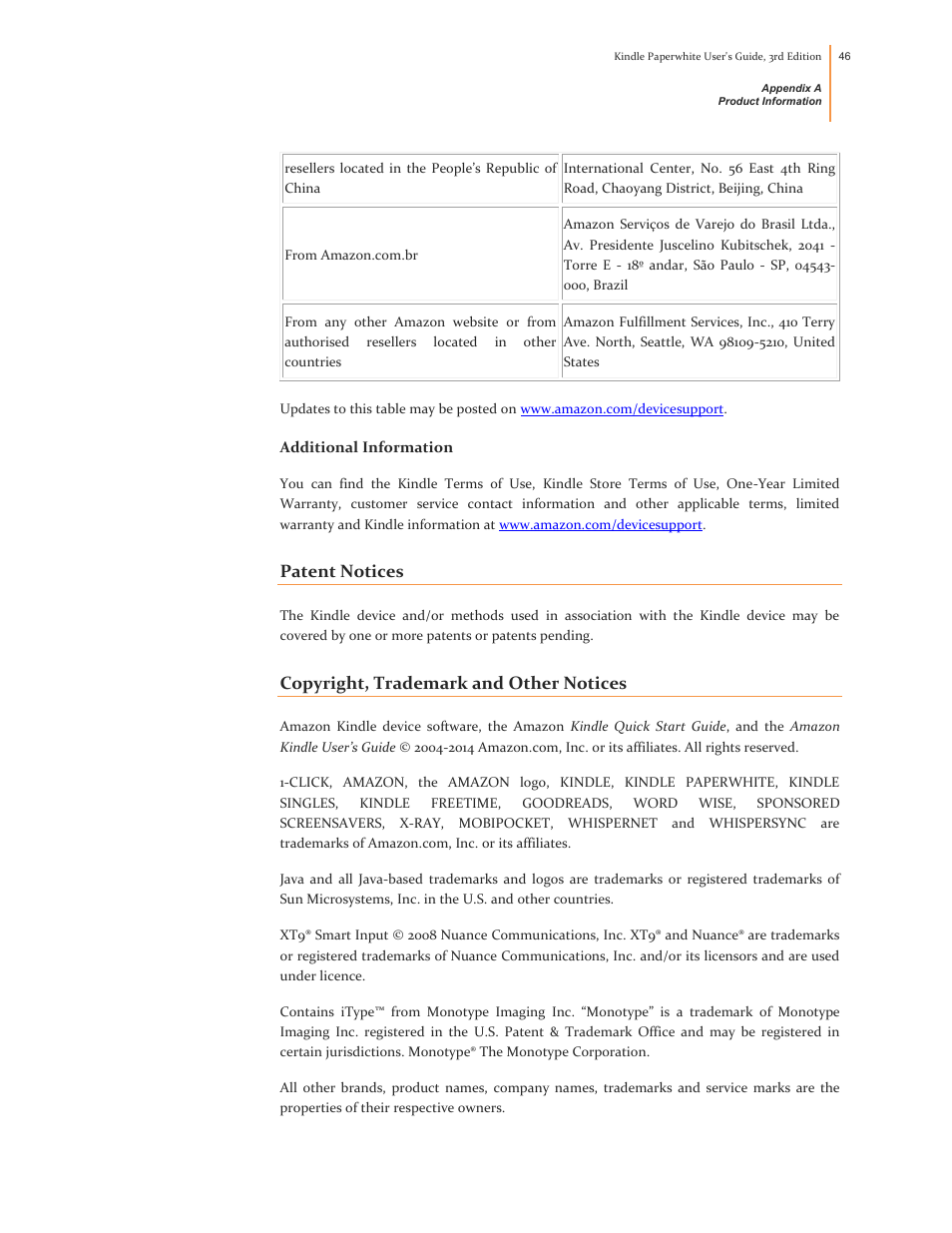 Additional information, Patent notices, Copyright, trademark and other notices | Kindle Paperwhite (2nd Generation) User Manual | Page 46 / 47