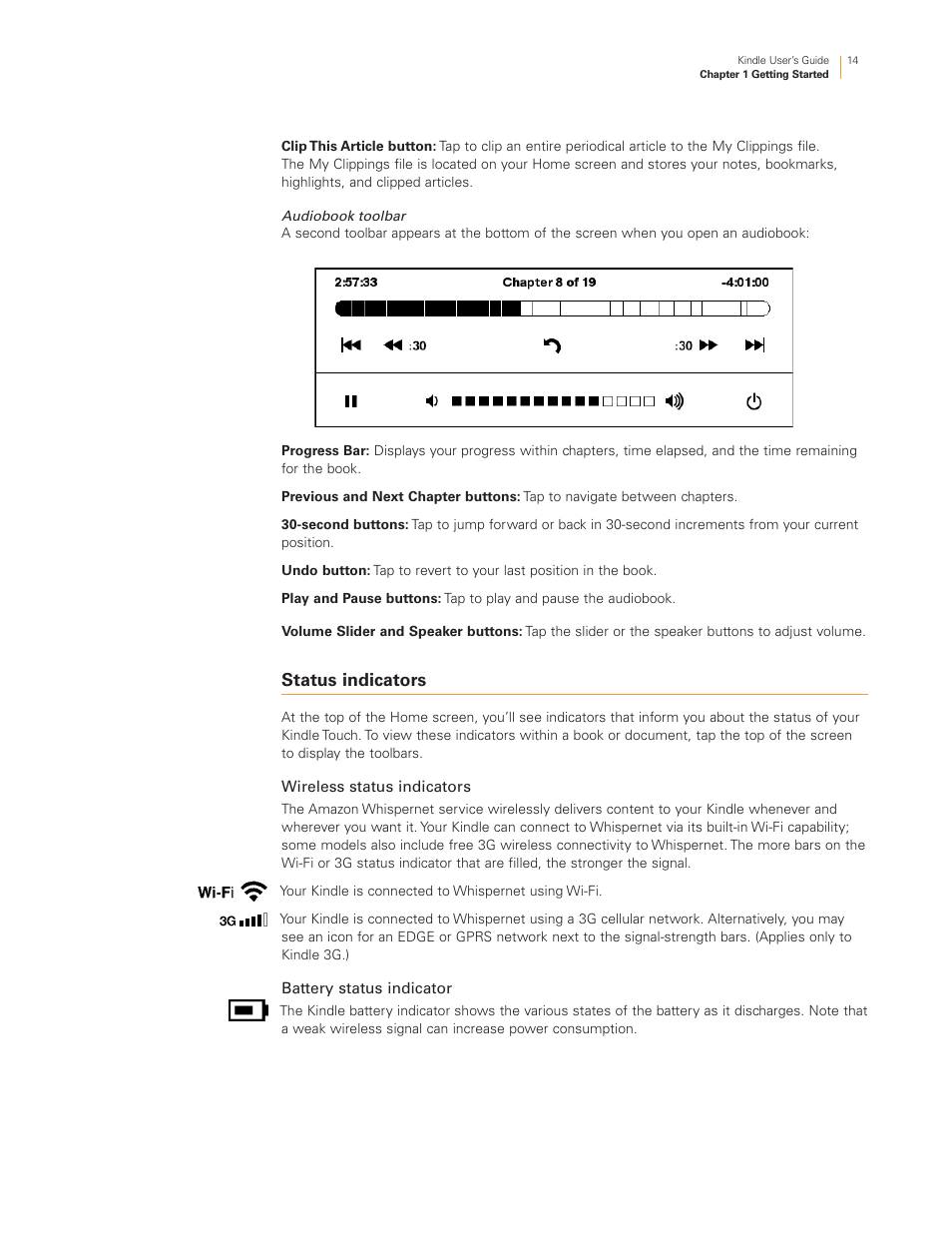 Status indicators | Kindle Touch 3G User Manual | Page 14 / 36