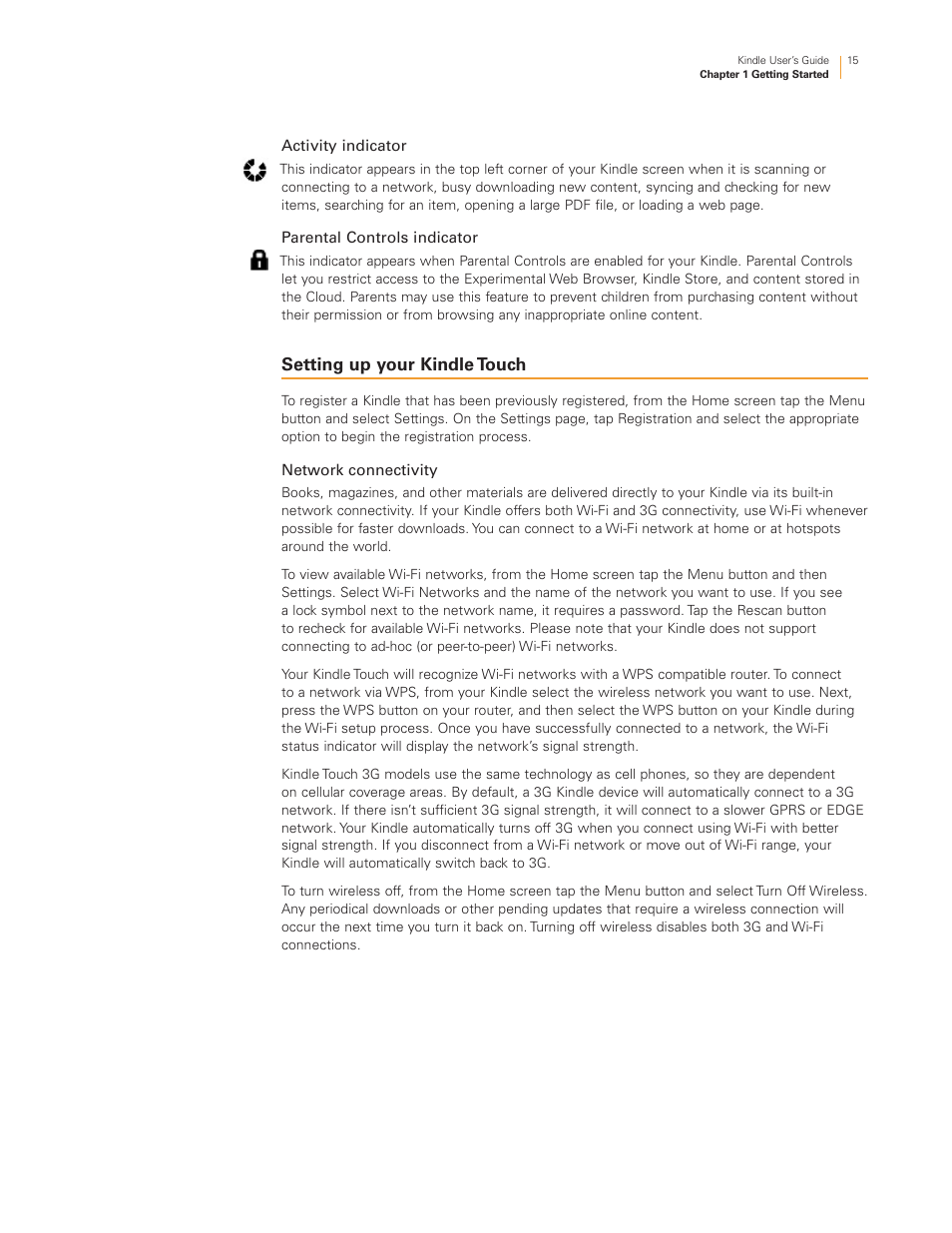 Activity indicator parental controls indicator, Setting up your kindle touch network connectivity, Setting up your kindle touch | Kindle Touch 3G User Manual | Page 15 / 36