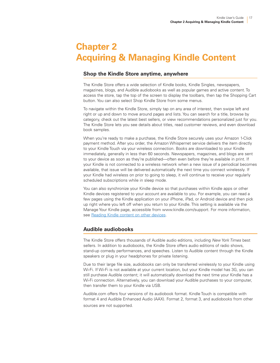 Chapter 2 acquiring & managing kindle content, Shop the kindle store anytime, anywhere, Audible audiobooks | Kindle Touch 3G User Manual | Page 17 / 36