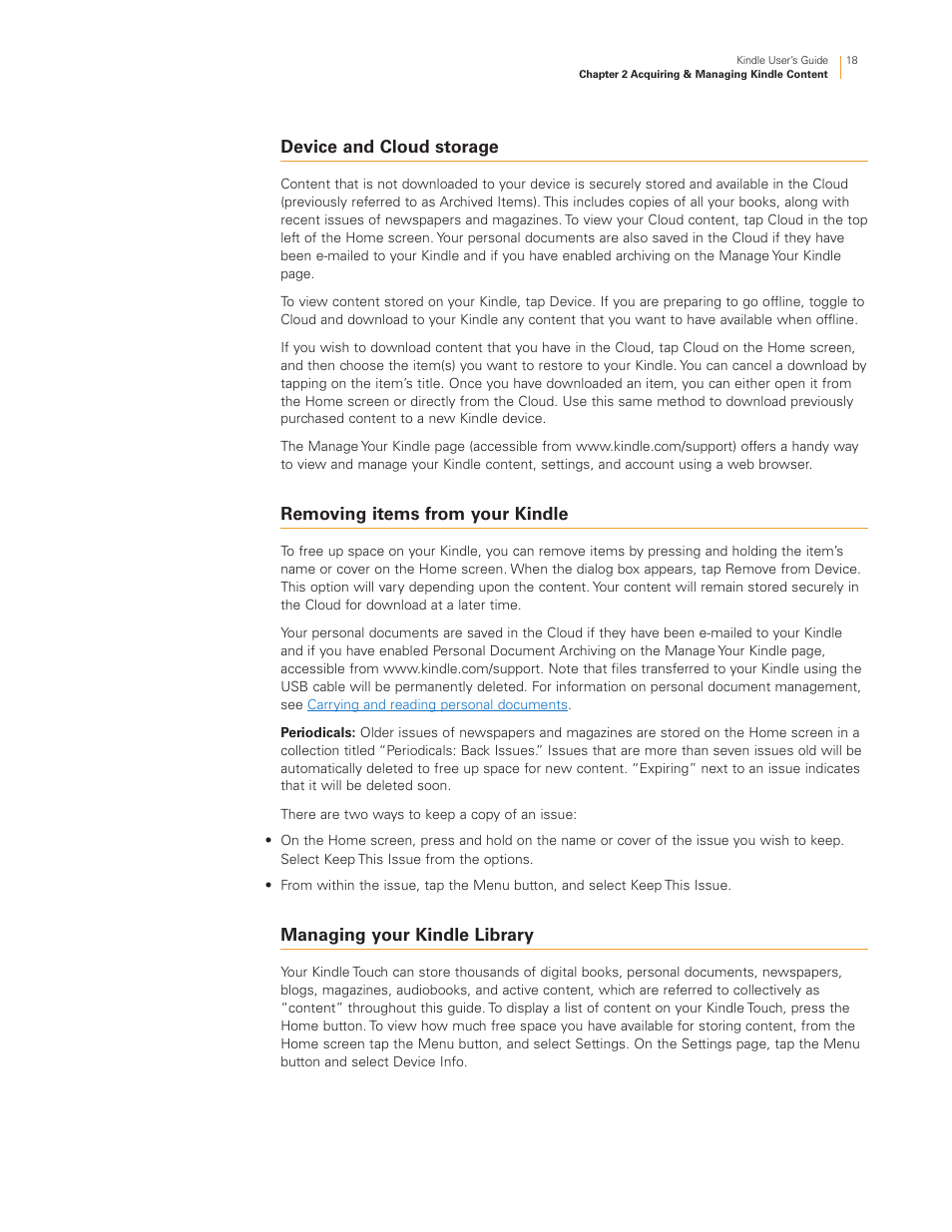 Device and cloud storage, Removing items from your kindle, Managing your kindle library | Kindle Touch 3G User Manual | Page 18 / 36