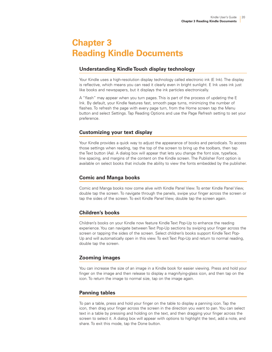 Chapter 3 reading kindle documents, Understanding kindle touch display technology, Customizing your text display | Comic and manga books, Children’s books, Zooming images, Panning tables | Kindle Touch 3G User Manual | Page 20 / 36