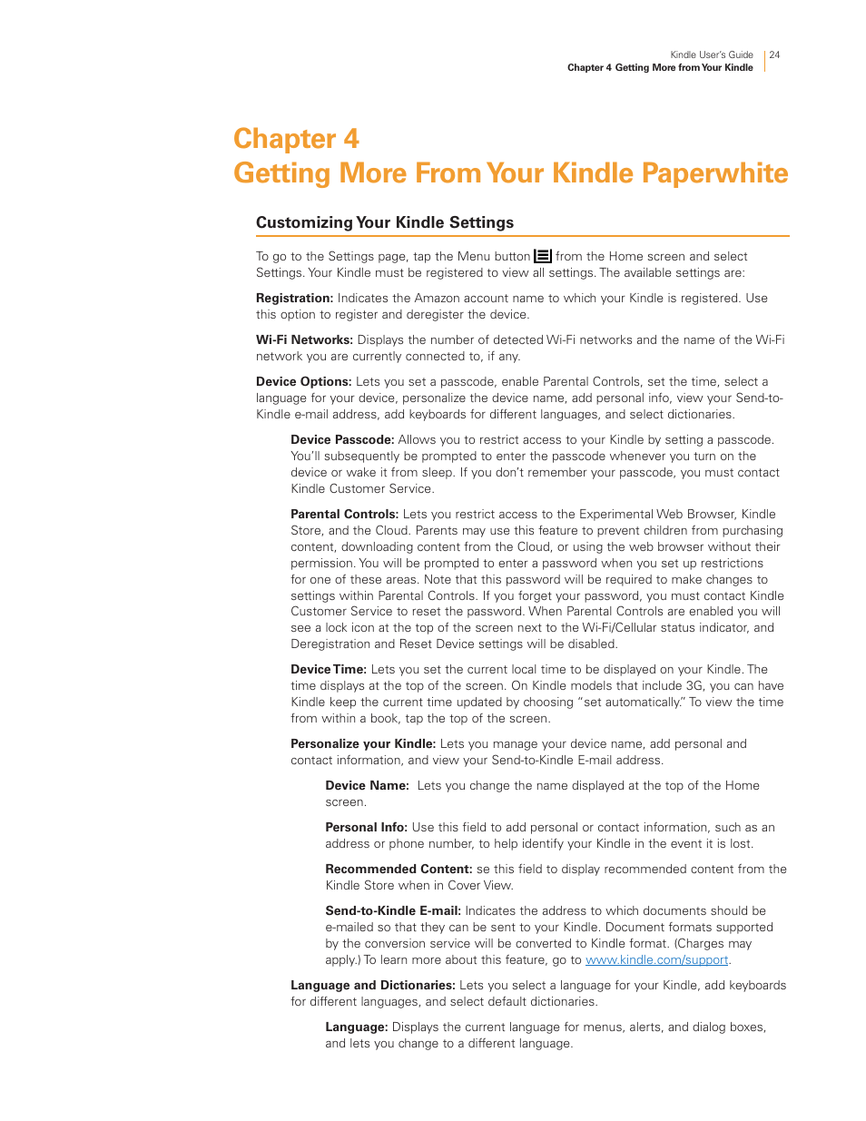 Chapter 4 getting more from your kindle paperwhite, Customizing your kindle settings | Kindle Touch 3G User Manual | Page 24 / 36