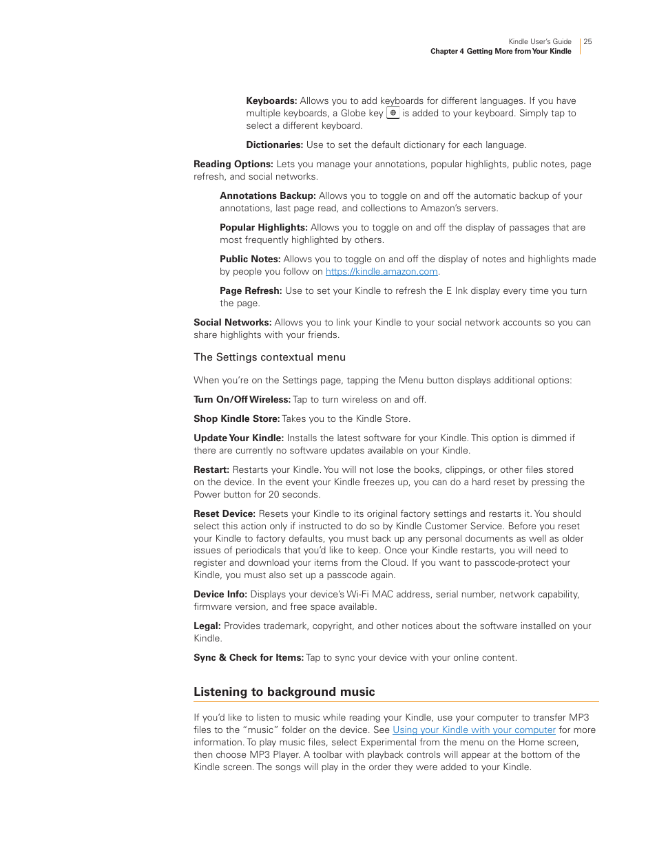 The settings contextual menu, Listening to background music | Kindle Touch 3G User Manual | Page 25 / 36