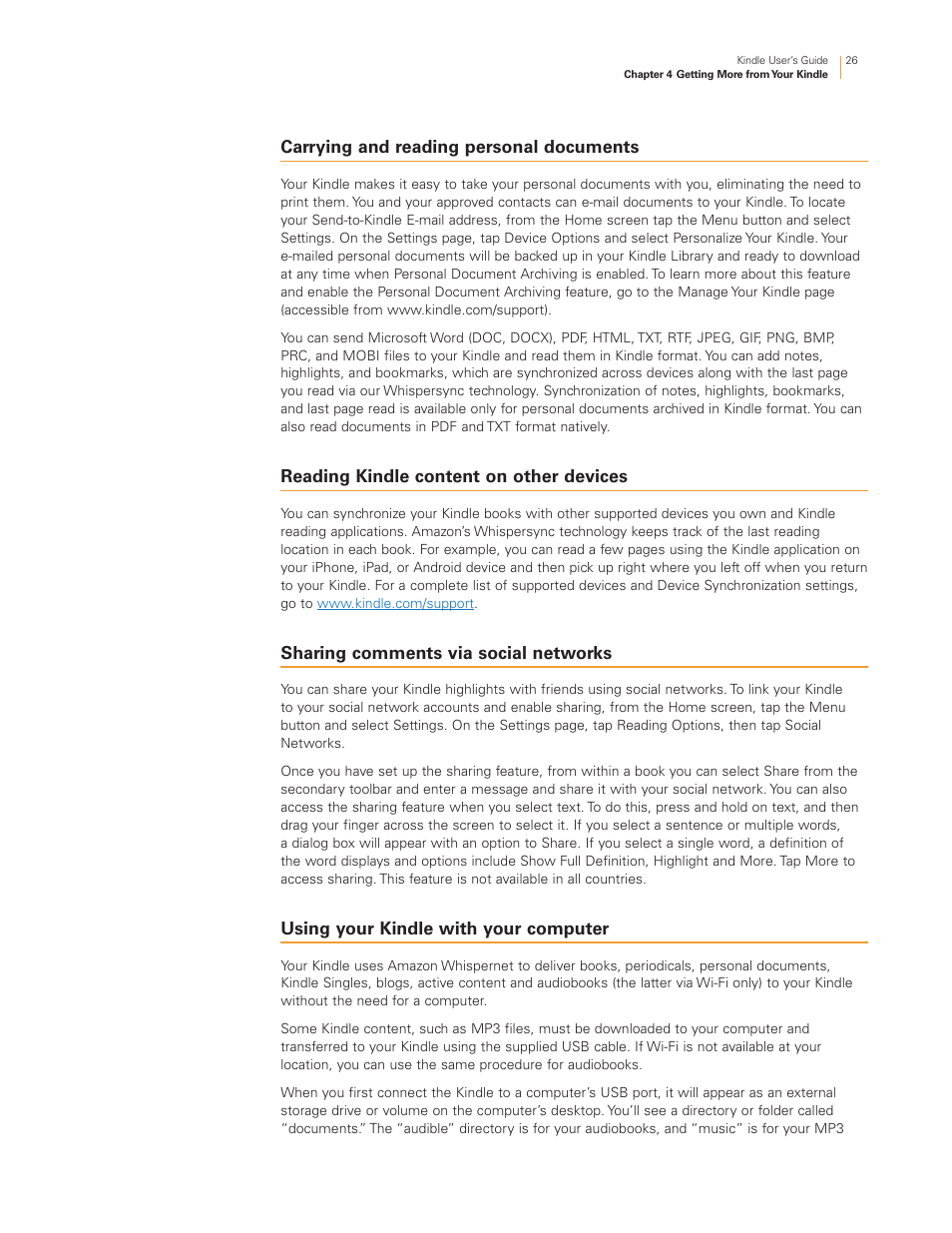 Carrying and reading personal documents, Reading kindle content on other devices, Sharing comments via social networks | Using your kindle with your computer | Kindle Touch 3G User Manual | Page 26 / 36