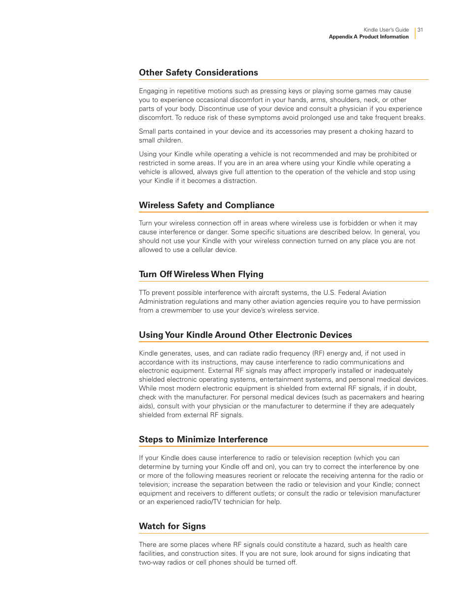 Other safety considerations, Wireless safety and compliance, Turn off wireless when flying | Using your kindle around other electronic devices, Steps to minimize interference, Watch for signs | Kindle Touch 3G User Manual | Page 31 / 36