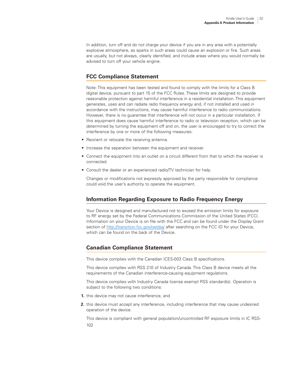 Fcc compliance statement, Canadian compliance statement | Kindle Touch 3G User Manual | Page 32 / 36