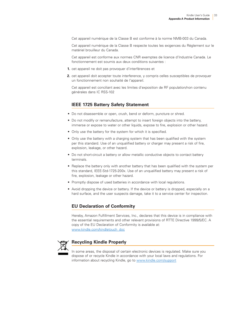Ieee 1725 battery safety statement, Eu declaration of conformity, Recycling kindle properly | Kindle Touch 3G User Manual | Page 33 / 36