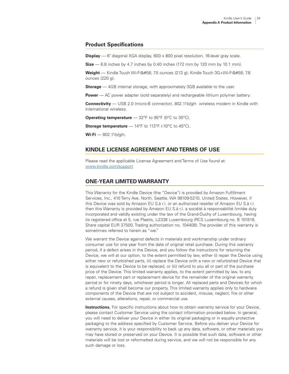 Product specifications, Kindle license agreement and terms of use, One-year limited warranty | Kindle Touch 3G User Manual | Page 34 / 36