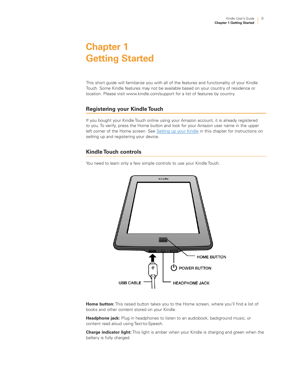Chapter 1 getting started, Registering your kindle touch, Kindle touch controls | Kindle Touch 3G User Manual | Page 9 / 36