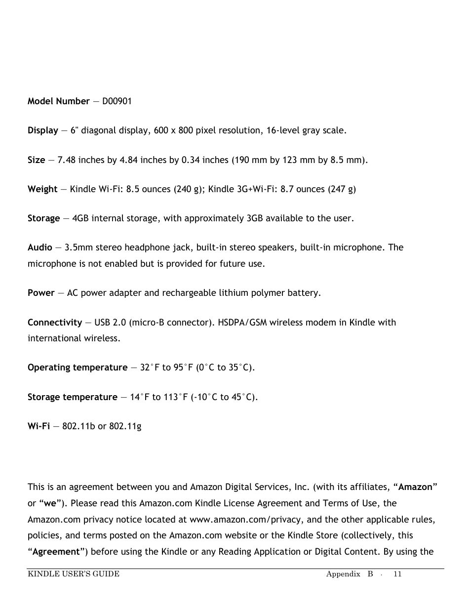 Product specifications | Kindle Keyboard User Manual | Page 11 / 28