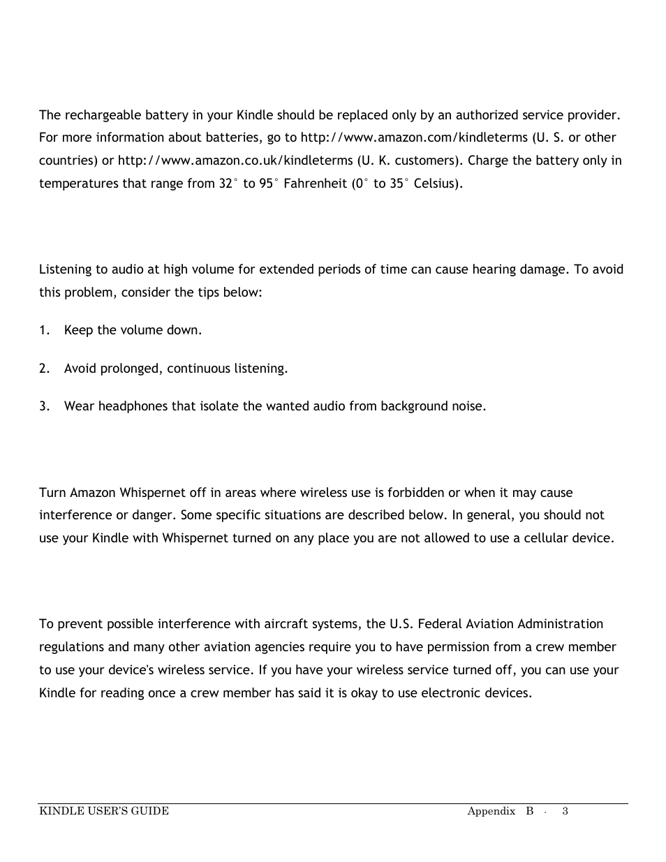 Battery safety, Headphone safety, Wireless safety and compliance | Turn off wireless when flying | Kindle Keyboard User Manual | Page 3 / 28