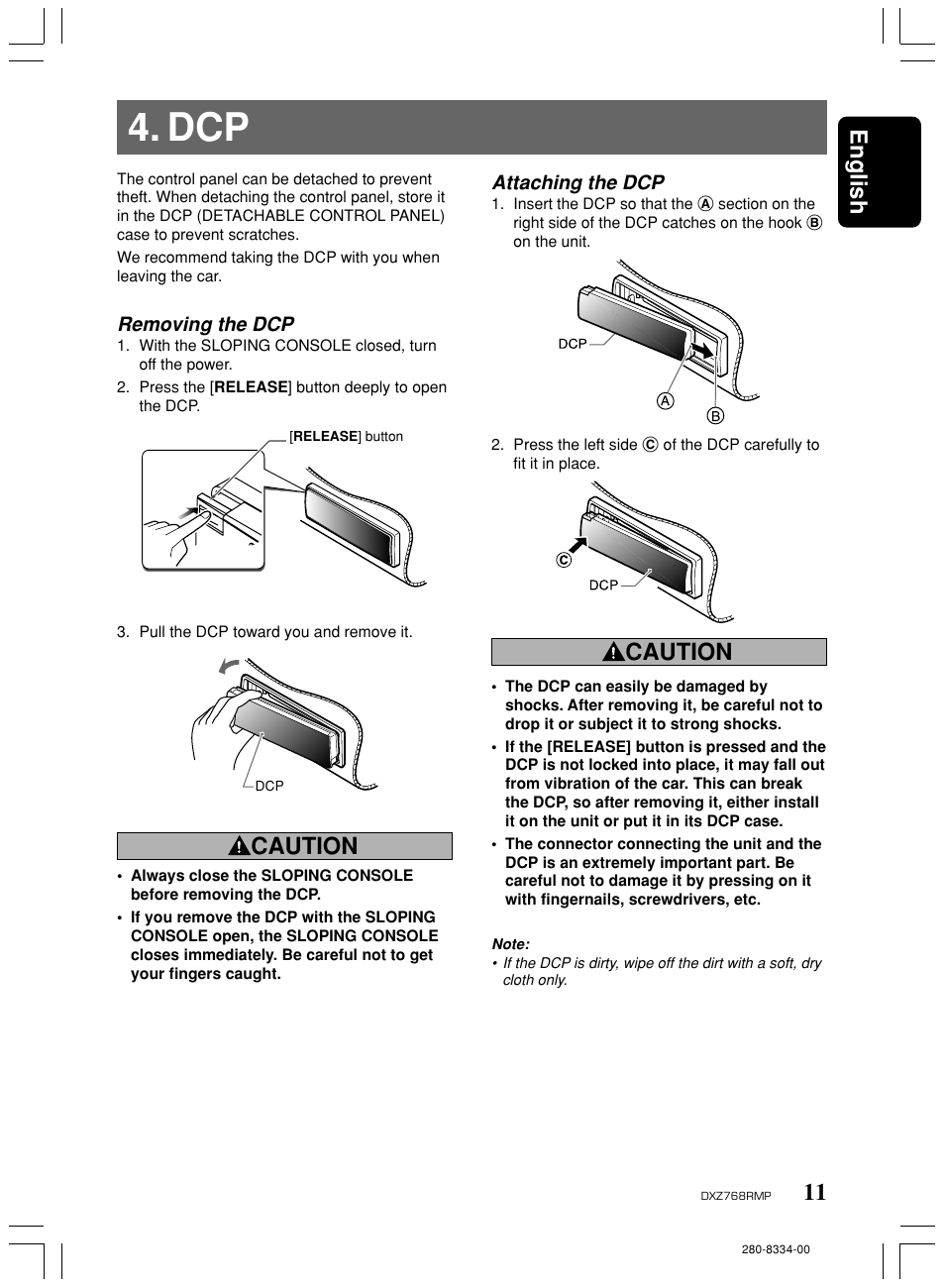 11 english, Caution, Removing the dcp | Attaching the dcp | Clarion DXZ768RMP User Manual | Page 11 / 38
