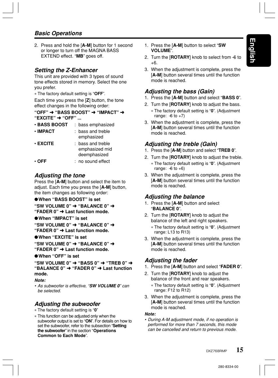 15 english, Setting the z-enhancer, Adjusting the tone | Adjusting the subwoofer, Basic operations, Adjusting the bass (gain), Adjusting the treble (gain), Adjusting the balance, Adjusting the fader | Clarion DXZ768RMP User Manual | Page 15 / 38
