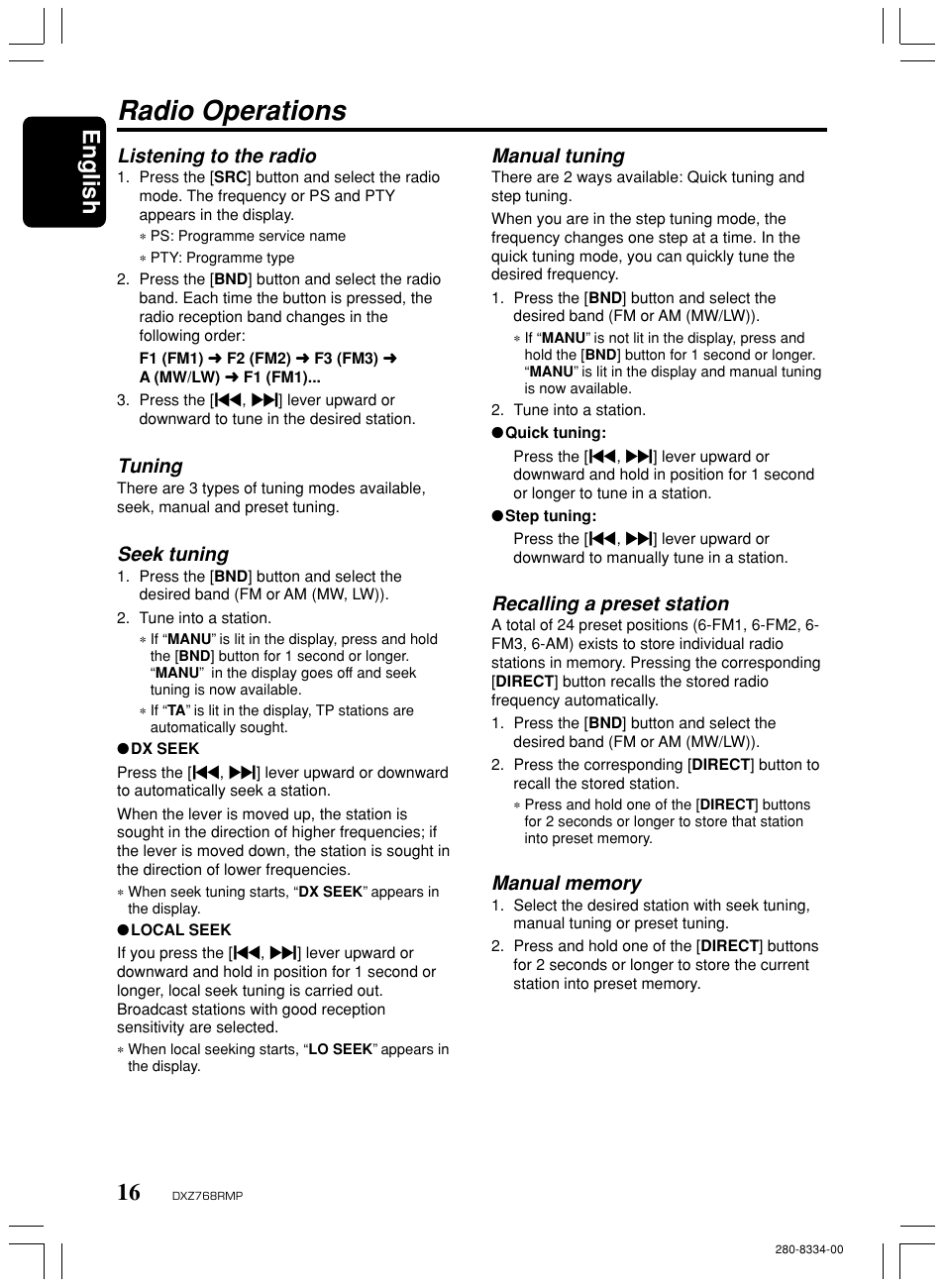 Radio operations, English, Manual tuning | Recalling a preset station, Listening to the radio, Tuning, Seek tuning | Clarion DXZ768RMP User Manual | Page 16 / 38
