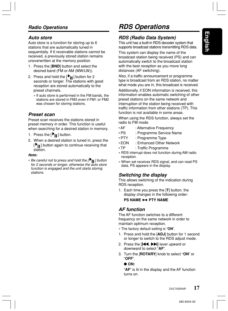 Rds operations, 17 english, Rds (radio data system) | Switching the display, Af function, Auto store, Preset scan, Radio operations | Clarion DXZ768RMP User Manual | Page 17 / 38