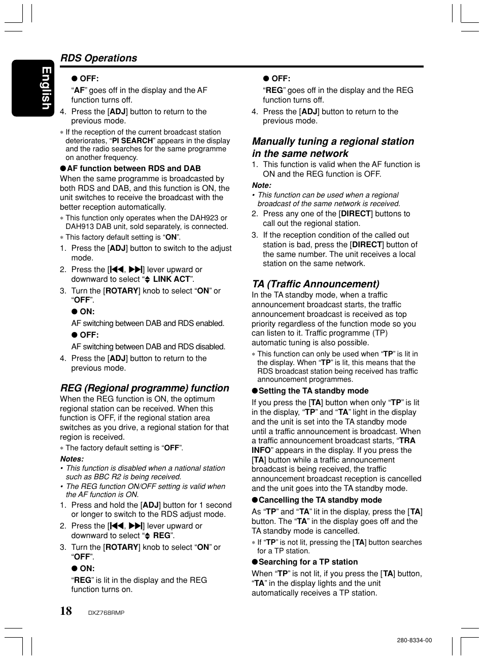 English, Rds operations, Ta (traffic announcement) | Reg (regional programme) function | Clarion DXZ768RMP User Manual | Page 18 / 38