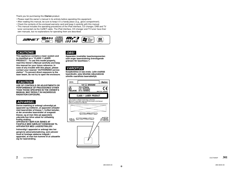 Cautions, Caution, Advarsel | Varoitus | Clarion DXZ768RMP User Manual | Page 2 / 38
