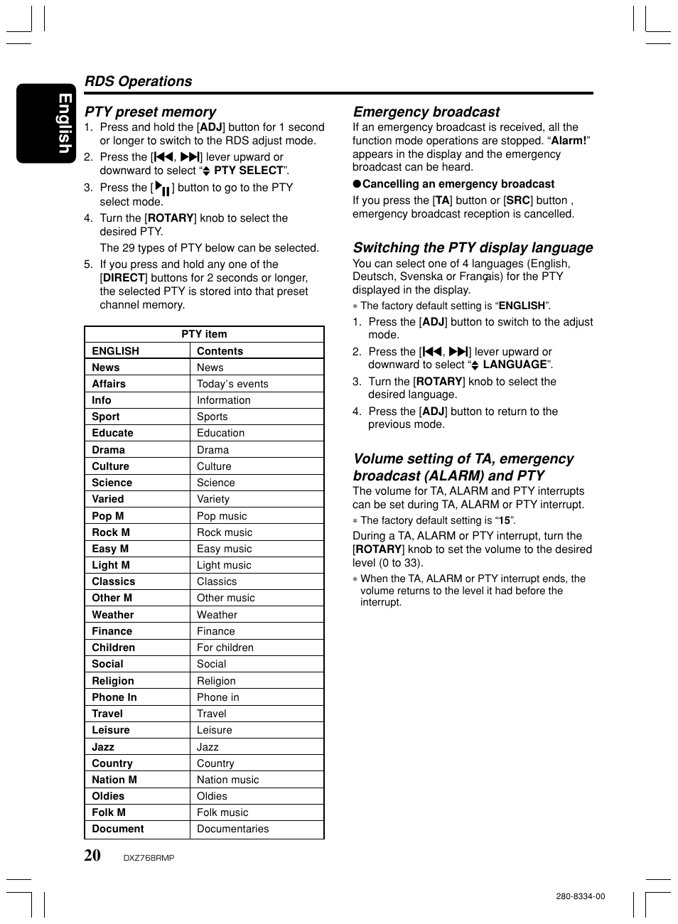 English, Emergency broadcast, Switching the pty display language | Rds operations | Clarion DXZ768RMP User Manual | Page 20 / 38