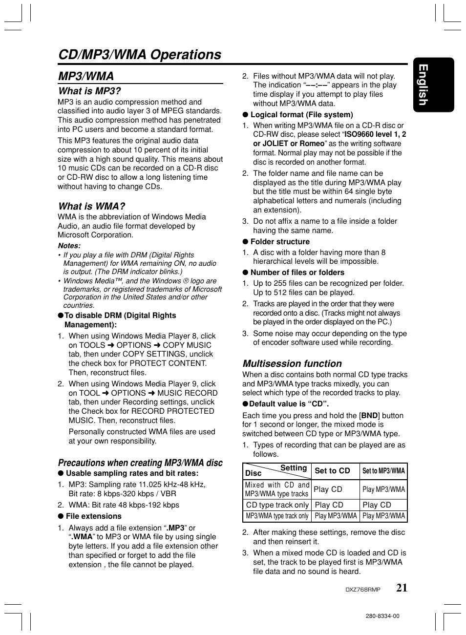 Cd/mp3/wma operations, Mp3/wma, 21 english | Multisession function, What is mp3, What is wma, Precautions when creating mp3/wma disc | Clarion DXZ768RMP User Manual | Page 21 / 38