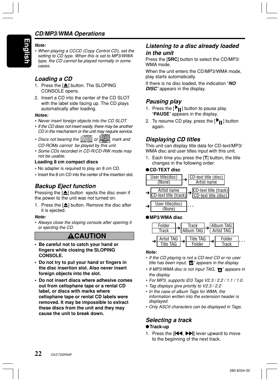 English, Caution, Pausing play | Displaying cd titles, Selecting a track, Loading a cd, Backup eject function | Clarion DXZ768RMP User Manual | Page 22 / 38