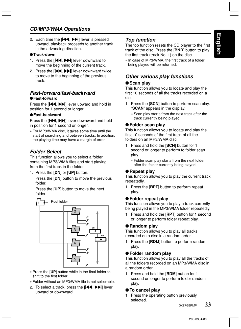 23 english, Top function, Other various play functions | Cd/mp3/wma operations, Fast-forward/fast-backward, Folder select | Clarion DXZ768RMP User Manual | Page 23 / 38