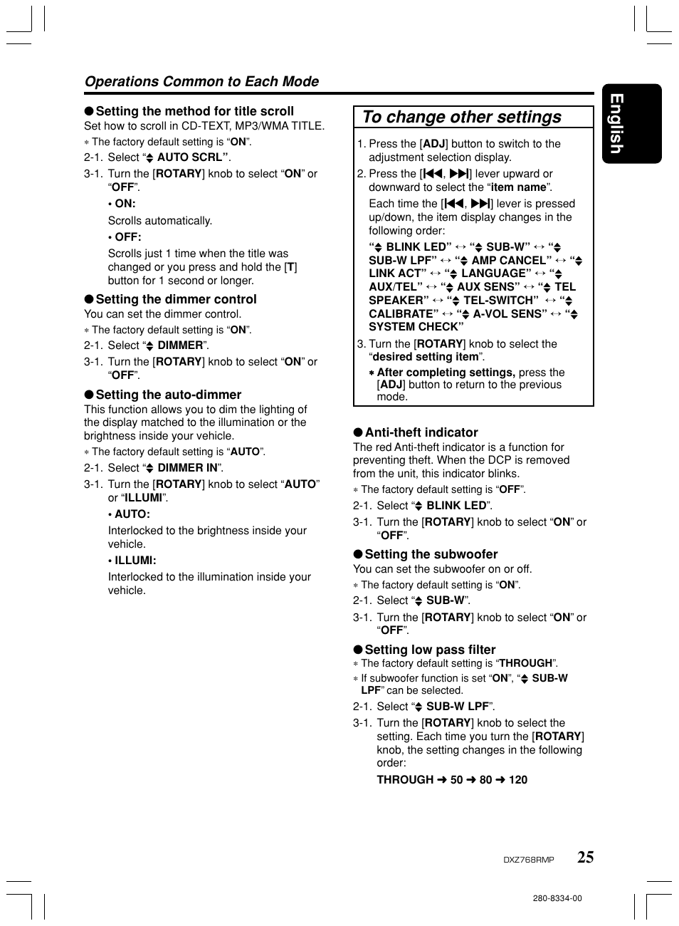 To change other settings, 25 english, Operations common to each mode | Clarion DXZ768RMP User Manual | Page 25 / 38