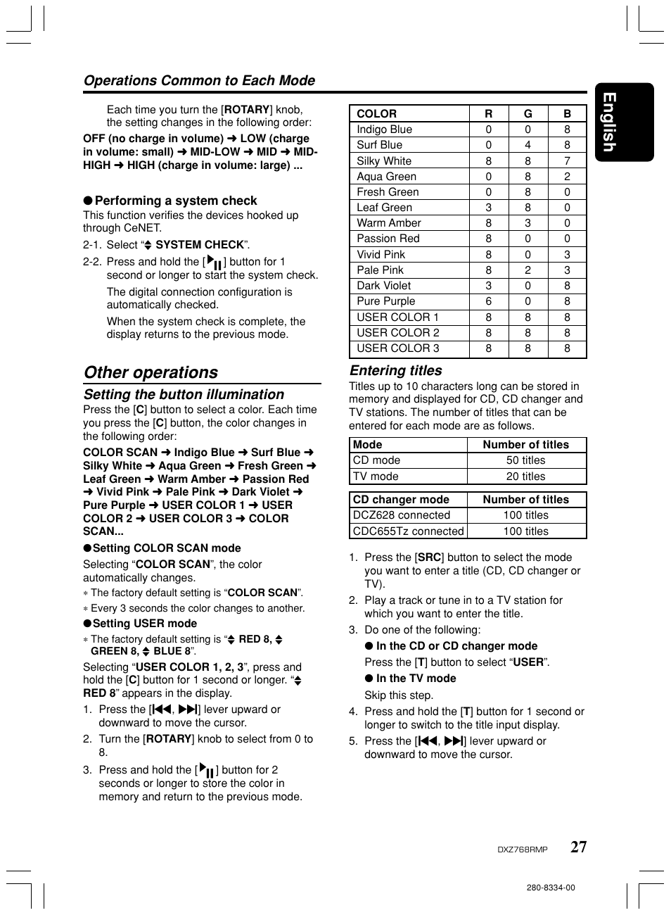 Other operations, 27 english, Operations common to each mode | Setting the button illumination, Entering titles | Clarion DXZ768RMP User Manual | Page 27 / 38