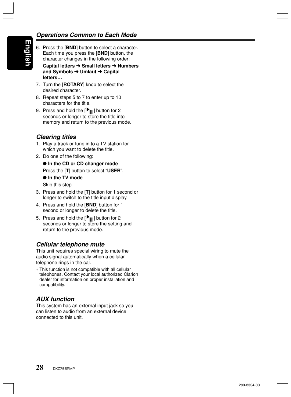 English, Clearing titles, Cellular telephone mute | Aux function, Operations common to each mode | Clarion DXZ768RMP User Manual | Page 28 / 38