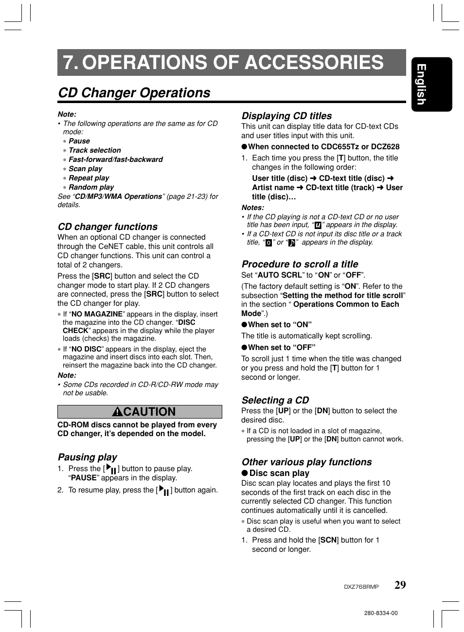 Operations of accessories, Cd changer operations, 29 english | Caution, Cd changer functions, Displaying cd titles, Procedure to scroll a title, Selecting a cd, Other various play functions, Pausing play | Clarion DXZ768RMP User Manual | Page 29 / 38