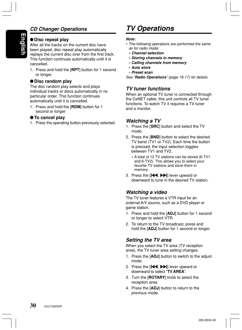 Tv operations, English, Cd changer operations | Tv tuner functions, Watching a tv, Watching a video, Setting the tv area | Clarion DXZ768RMP User Manual | Page 30 / 38