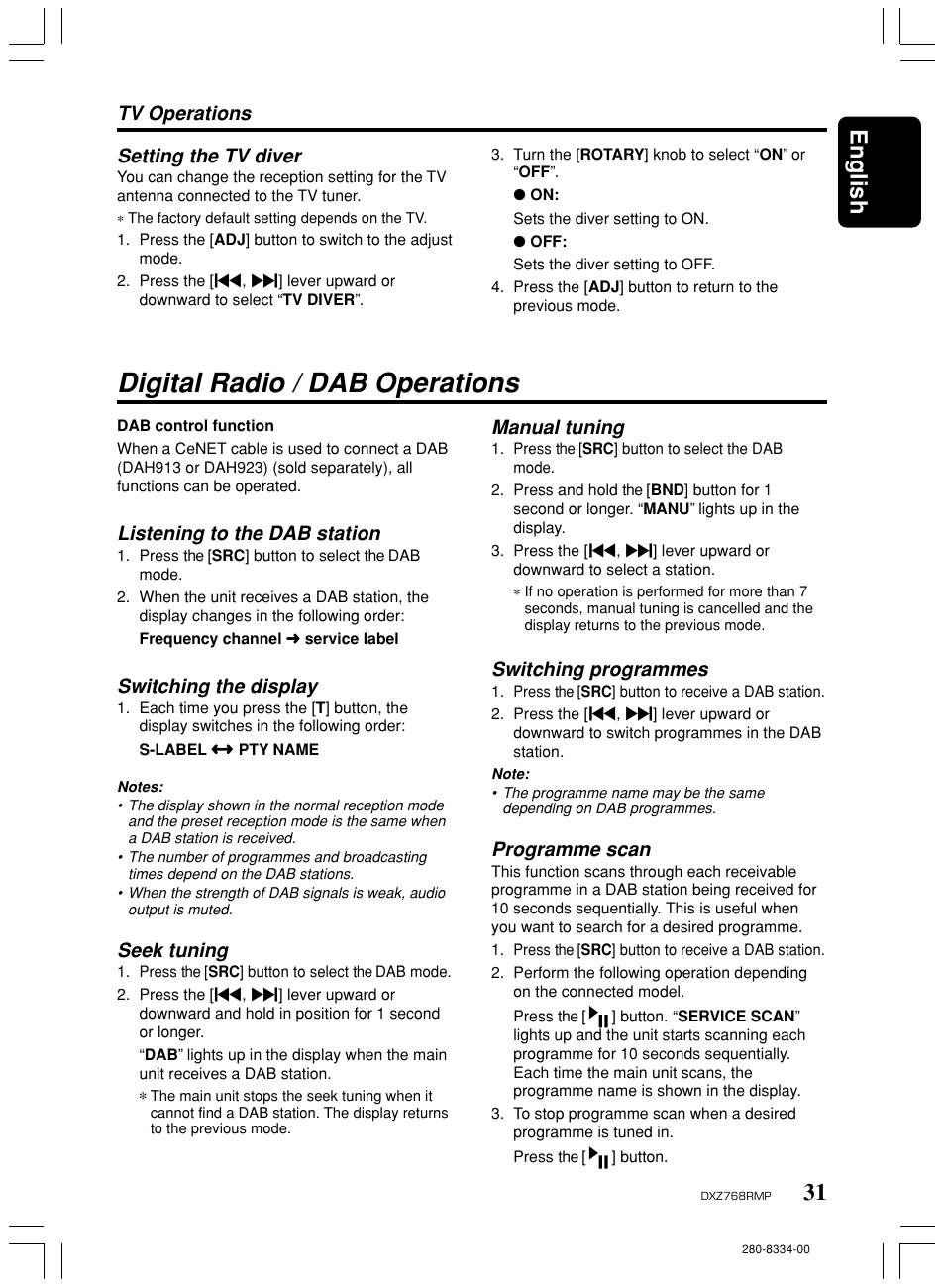 Digital radio / dab operations, 31 english, Tv operations | Listening to the dab station, Switching the display, Seek tuning, Setting the tv diver, Manual tuning, Switching programmes, Programme scan | Clarion DXZ768RMP User Manual | Page 31 / 38