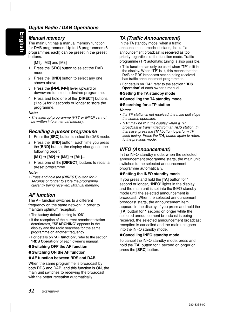 English, Recalling a preset programme, Af function | Ta (traffic announcement), Info (announcement) | Clarion DXZ768RMP User Manual | Page 32 / 38