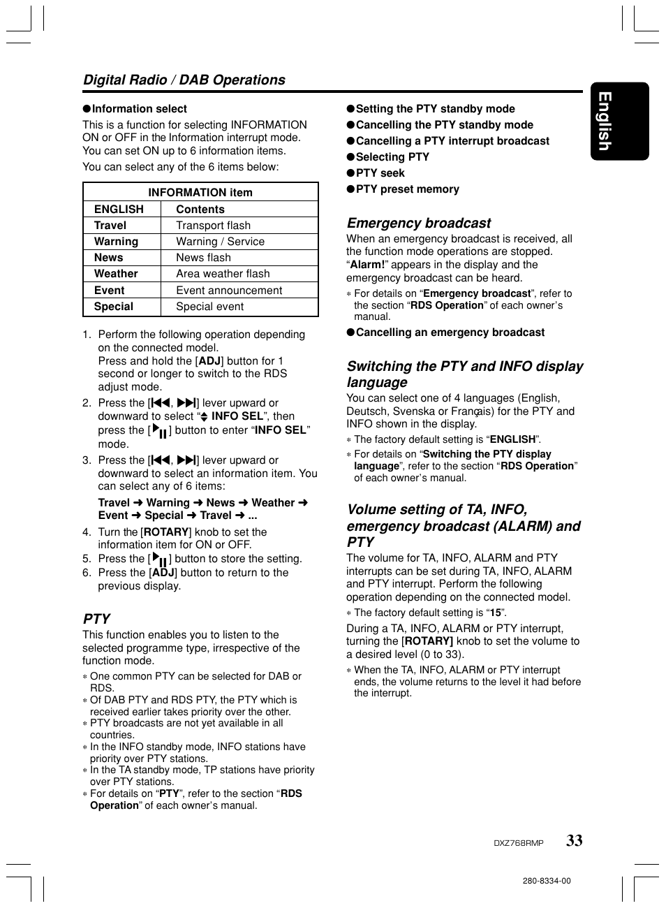 33 english, Emergency broadcast, Switching the pty and info display language | Digital radio / dab operations | Clarion DXZ768RMP User Manual | Page 33 / 38