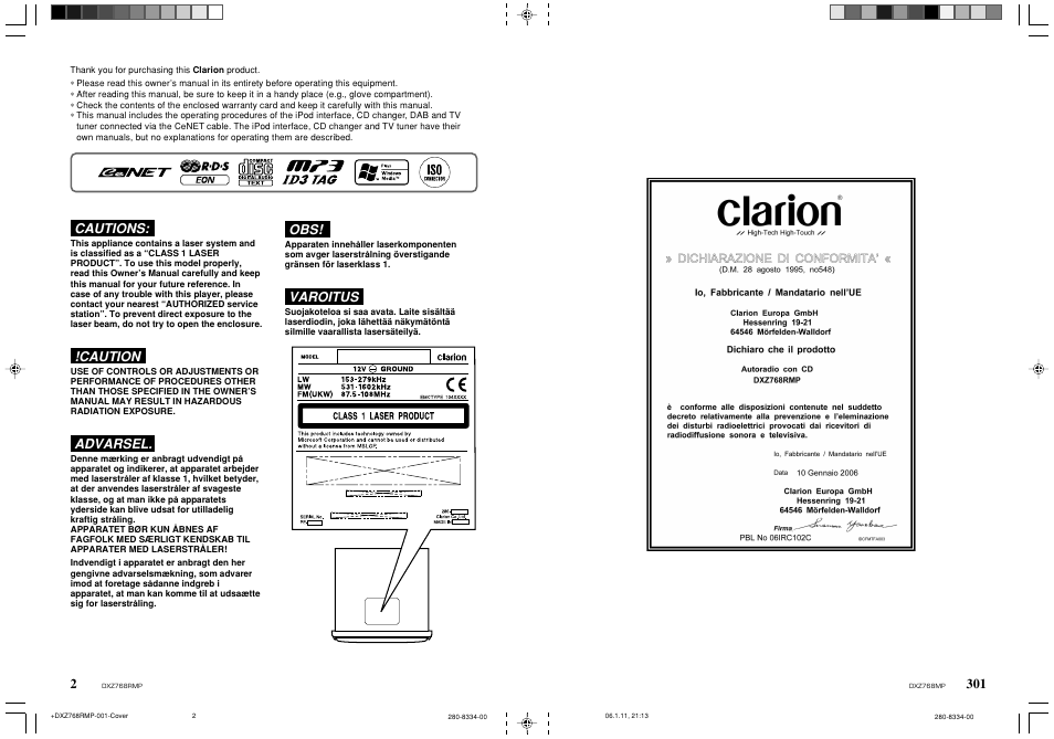 Cautions, Caution, Advarsel | Varoitus | Clarion DXZ768RMP User Manual | Page 37 / 38