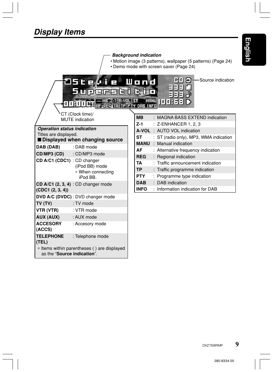 Display items, 9english | Clarion DXZ768RMP User Manual | Page 9 / 38