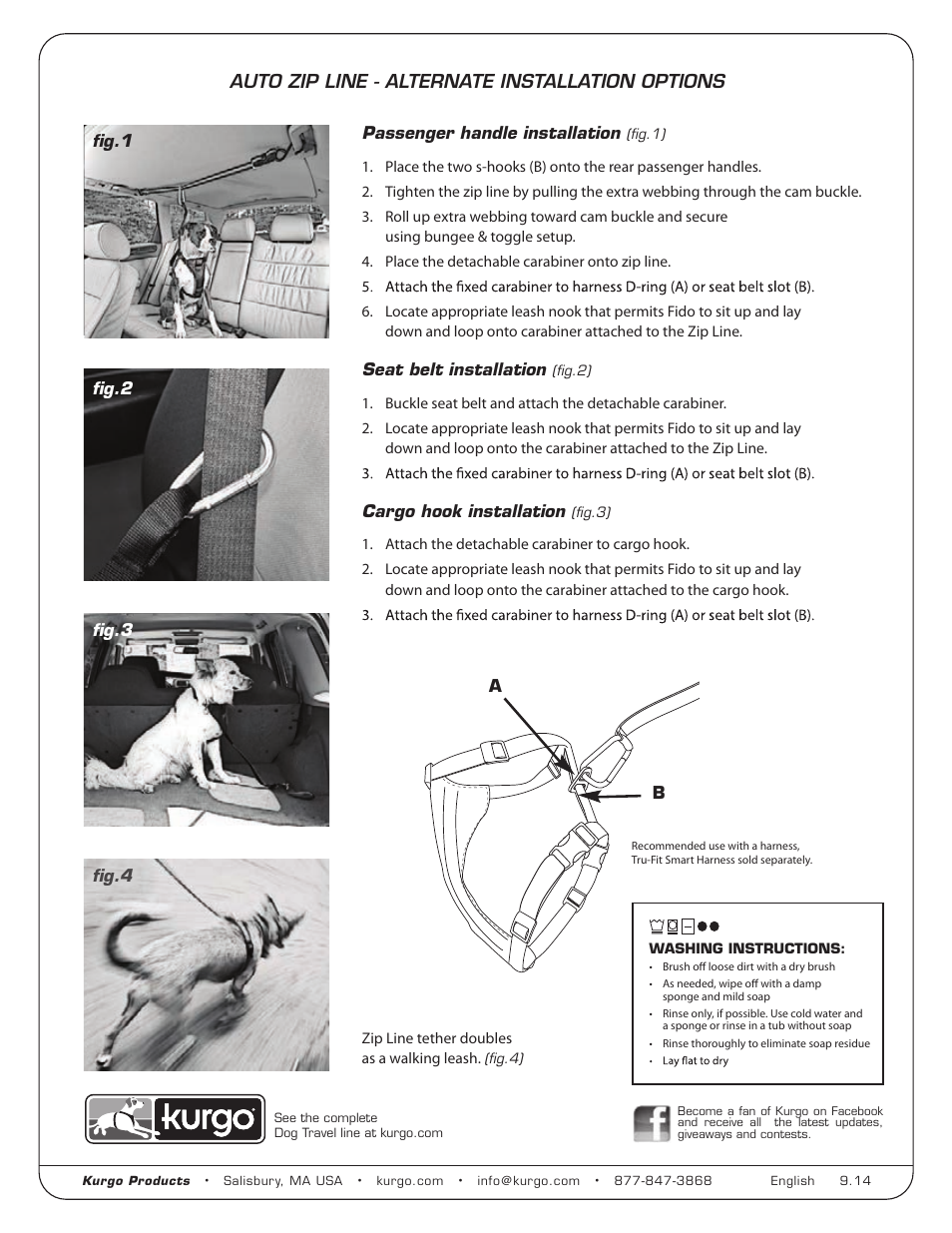 Azl_instructions_eng_9-14_lo2, Auto zip line - alternate installation options, Passenger handle installation | Seat belt installation, Cargo hook installation, Fig.1 fig.2 fig.3, Fig.4 | Kurgo Auto Zip Line User Manual | Page 2 / 2