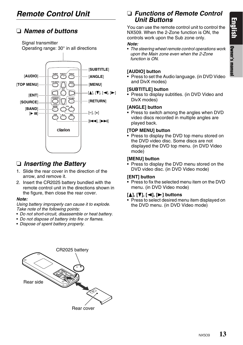 Remote control unit, English, Names of buttons ❏ inserting the battery | Functions of remote control unit buttons | Clarion NX509 User Manual | Page 15 / 69