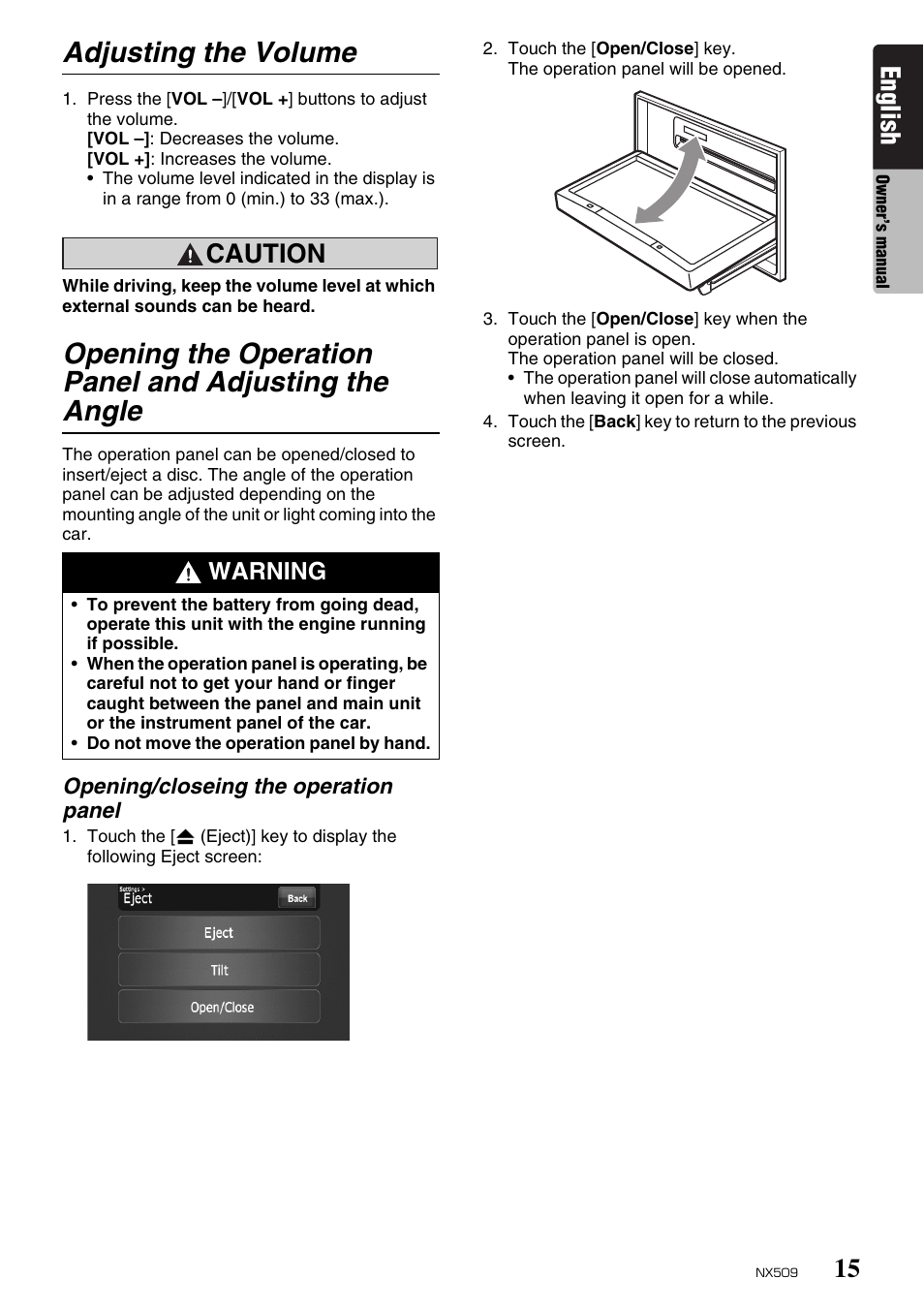 Adjusting the volume, English, Caution | Warning | Clarion NX509 User Manual | Page 17 / 69